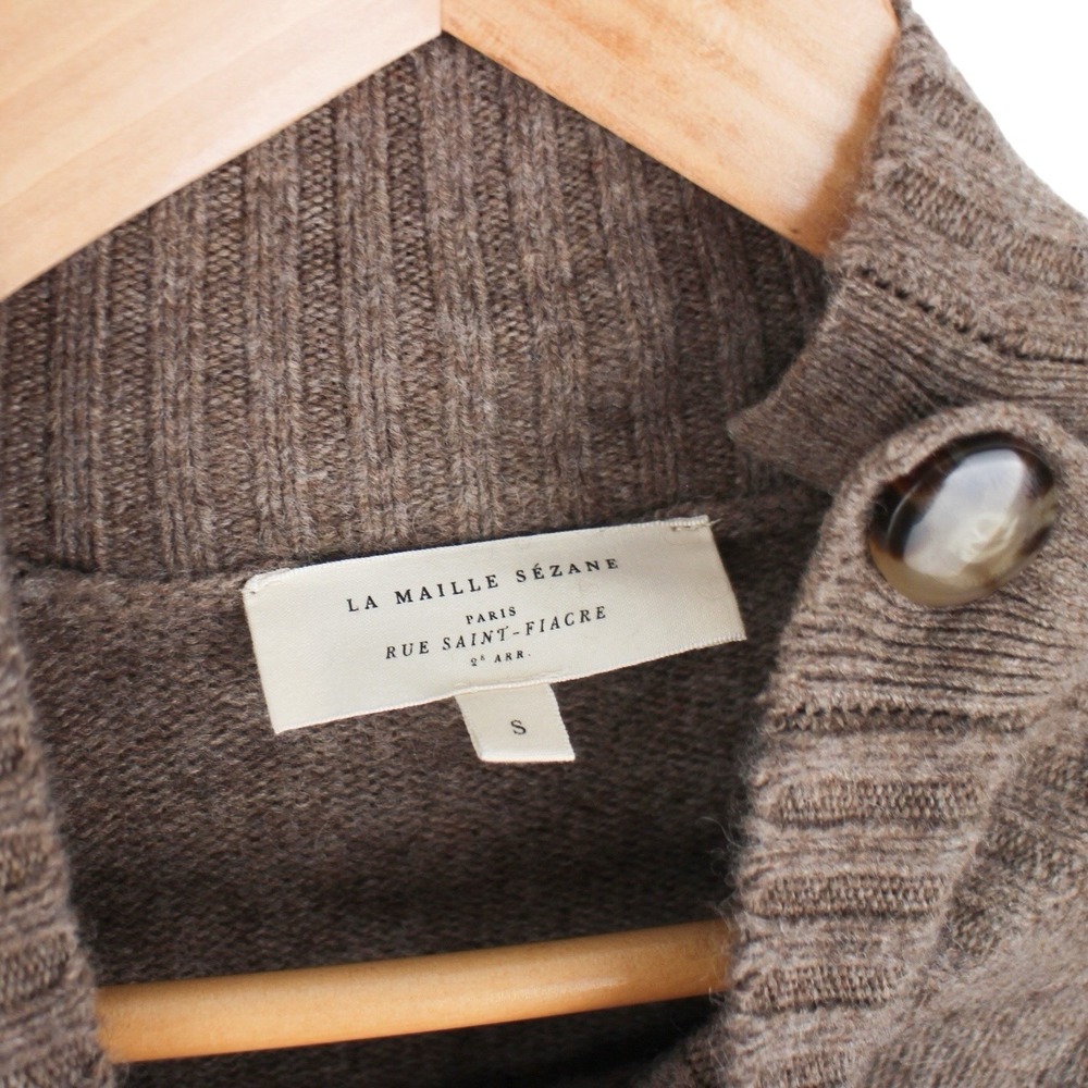 Sézane 100% Yak Wool Brown Mock Neck Cropped Sweater Button Shoulder Small - Picture 3 of 5